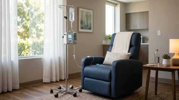 Infusion treatment chair prepared for patient care