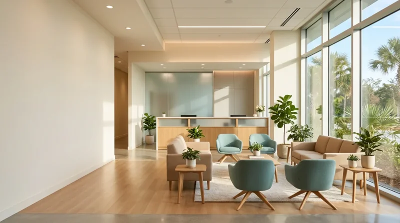 Bright, modern reception and waiting area at a Sunshine Rheumatology clinic