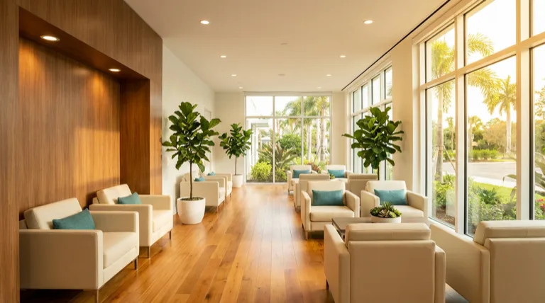 Bright, modern clinic waiting area with comfortable seating, teal accent pillows, warm wood floors, and sunlit windows overlooking Florida landscaping