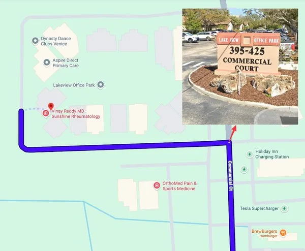 Map showing driving directions to the Venice office at 411 Commercial Court in Lakeview Office Park